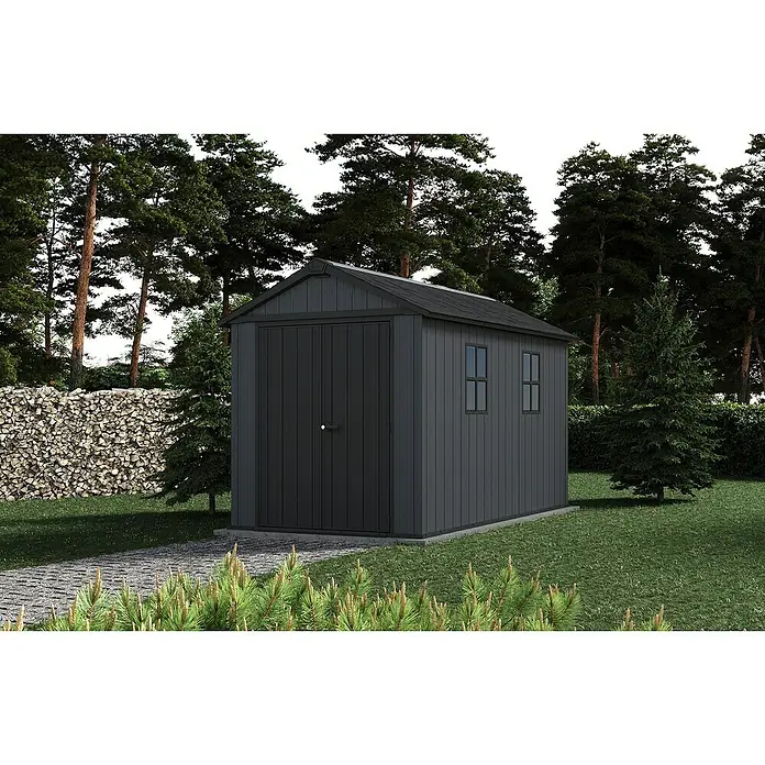 Keter Gerätehaus Newton Plus 7511 - Außenmaß inkl. Dachüberstand (B x T): 230 x 350 cm, Kunststoff, Schiefergrau - Graues Gartenhaus mit Doppeltür und zwei Fenstern in einem üppigen Garten. Das Gartenhaus bietet viel Stauraum für Gartengeräte.