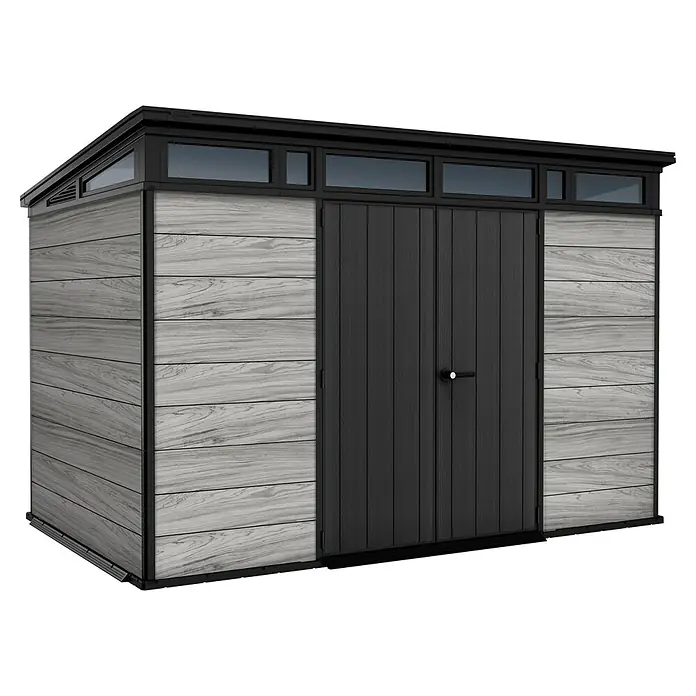 Keter Gerätehaus Signature Storm Grey 11x7 - Außenmaß inkl. Dachüberstand (B x T): 342 x 218 cm, Kunststoff, Stormgrey - Eine moderne, graue Gartenschuppen mit doppelter Tür bietet viel Stauraum und fügt sich mit ihrem Design gut in jeden Garten ein.