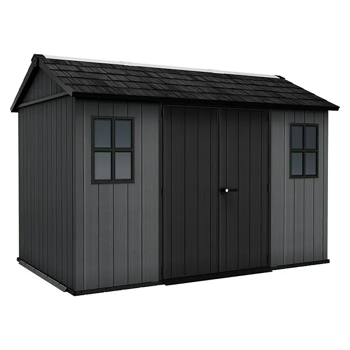 Keter Gerätehaus Newton Plus 7511 - Außenmaß inkl. Dachüberstand (B x T): 230 x 350 cm, Kunststoff, Schiefergrau - Abbildung eines grauen Gerätehauses mit Doppeltür und zwei Fenstern. Die Hütte hat ein schwarzes Dach.