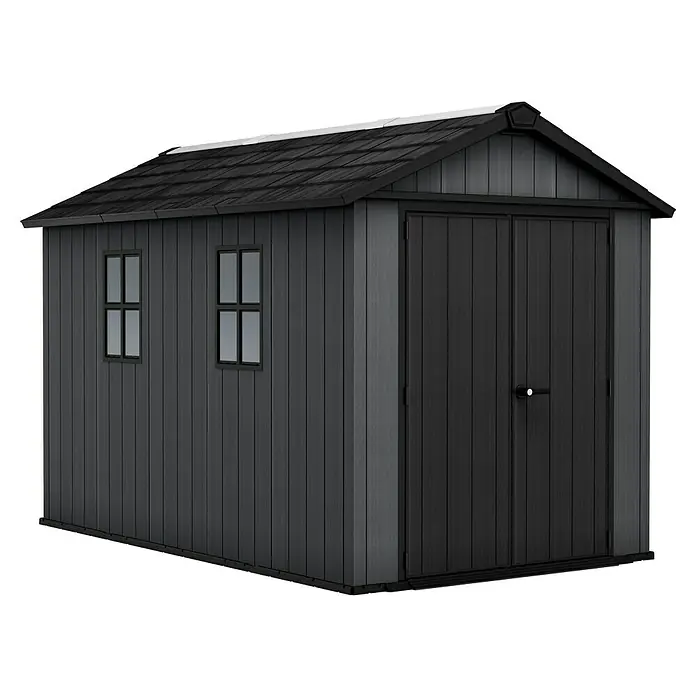 Keter Gerätehaus Newton Plus 7511 - Außenmaß inkl. Dachüberstand (B x T): 230 x 350 cm, Kunststoff, Schiefergrau - Ein graues Gartenhaus mit zwei Fenstern und Doppeltür bietet Stauraum im Freien.