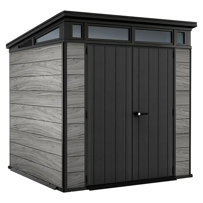Keter Gerätehaus Signature Storm Grey 7x7 - Außenmaß inkl. Dachüberstand (B x T): 216 x 218 cm, Kunststoff, Stormgrey - Stabile Gerätehaus-Konstruktion in Holzoptik mit Doppeltür für den Garten, ideal für Werkzeuge und Gartengeräte.