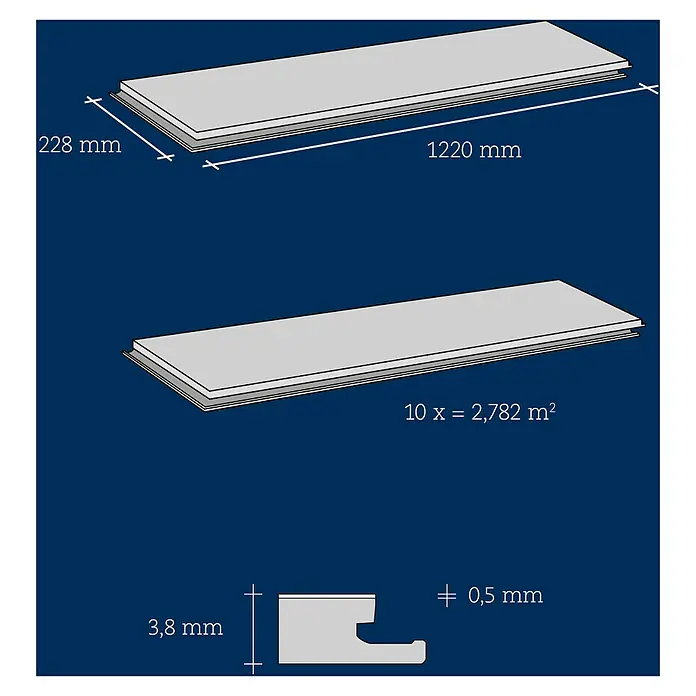 Vinylboden Strong SPC Structure - Carolina, Landhausdiele, 1.220 x 228 x 3,8 mm - Das Bild zeigt detaillierte Maße eines Bodenbelags, inklusive Länge, Breite und Dicke, dargestellt in Millimetern.