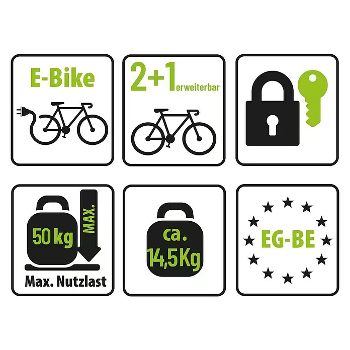 Eufab Fahrradträger Crow + - Geeignet für: 2 Fahrräder, Traglast: 50 kg - Icons zur Anzeige von E-Bike-Kompatibilität, 2+1 erweiterbarer Kapazität, Sicherheit, 50 kg max. Last, 14,5 kg Gewicht und EU-Zulassung.