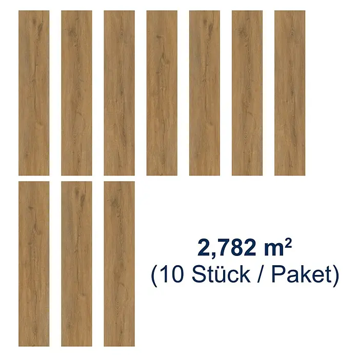 Vinylboden Strong SPC Structure - Tennessee, Landhausdiele, 1.220 x 228 x 3,8 mm - Produktbild von Laminatdielen mit einer Flächenangabe von 2,782 m² pro Paket (10 Stück). Holzoptik mit feiner Maserung.
