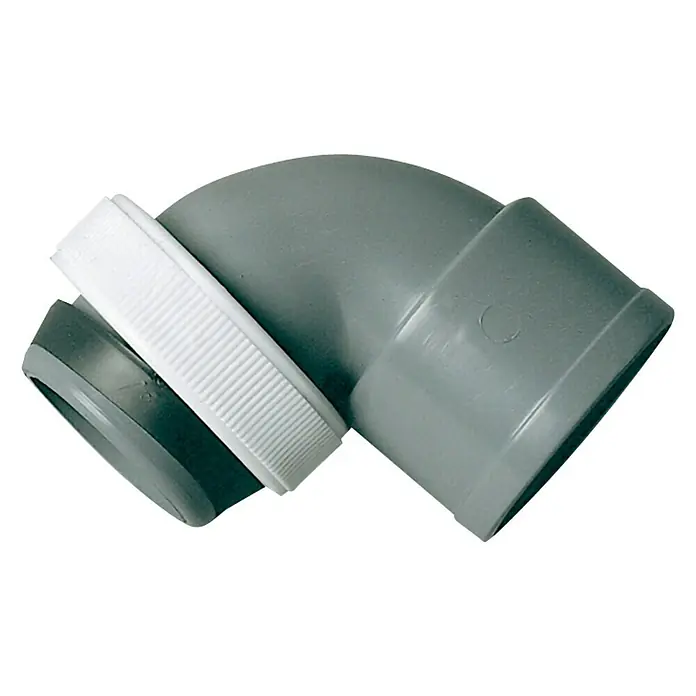 Codo PVC mixto para unión - 40 mm, 90 °, Rosca interior: 1 ½″ - Codo de tubo de PVC gris con acoplamiento blanco y gris. Este accesorio de esquina es ideal para instalaciones de fontanería para conectar y sellar tuberías.