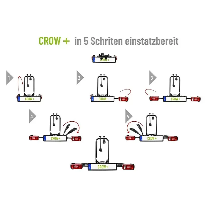 Eufab Fahrradträger Crow + - Geeignet für: 2 Fahrräder, Traglast: 50 kg - CROW + Fahrradträger in 5 Schritten zur Einsatzbereitschaft, zeigt das Ausklappen von Rahmen, Lichtern und Kennzeichenhalter.
