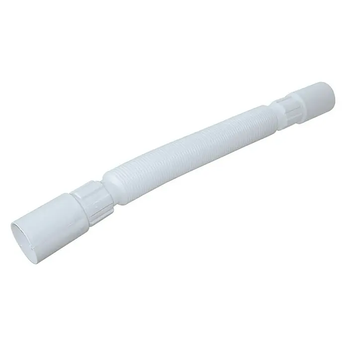 Alargadera adaptable para sifón - 40 mm, Polipropileno - La imagen muestra un desagüe de plástico blanco flexible con una superficie acanalada y conectores en ambos extremos.