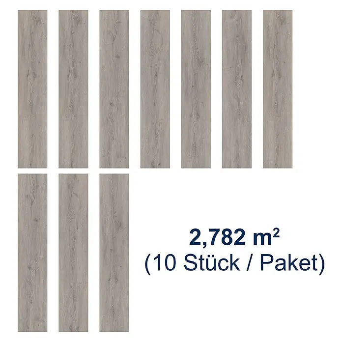 Vinylboden Strong SPC Structure - Carolina, Landhausdiele, 1.220 x 228 x 3,8 mm - Abbildung von 10 Paneelen Laminatboden, die zusammen 2,782 m² bedecken und in einer Packung erhältlich sind.