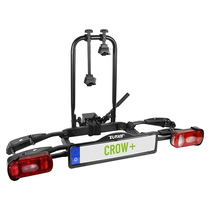 Eufab Fahrradträger Crow + - Geeignet für: 2 Fahrräder, Traglast: 50 kg - Schwarzer Fahrradträger mit Rücklichtern, Kennzeichenhalter und "EUFAB CROW+" Beschriftung.