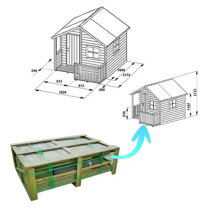 Spielhaus Marco - L x B x H: 217 x 182 x 174 cm, Holz, Natur - Bauanleitung für ein Holzspielhaus, inklusive Verpackung. Die Zeichnungen zeigen die Maße und das fertige Produkt.