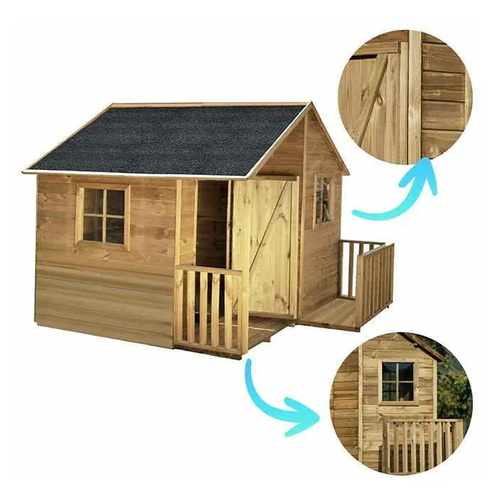 Spielhaus Marco - L x B x H: 217 x 182 x 174 cm, Holz, Natur - Das Bild zeigt ein hölzernes Kinderspielhaus mit schwarzem Dach, Veranda und kleinen Fenstern für fantasievolles Spielen im Garten.