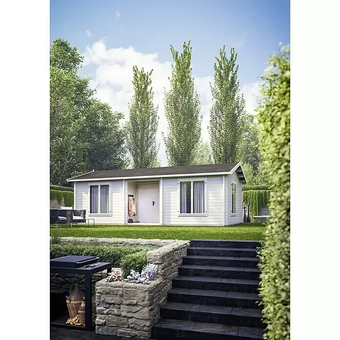 Palmako Caseta de jardín Anna - Medidas ext. (An x Pr): 834 x 460 cm, Madera, Natural - Caseta de jardín de madera blanca con techo oscuro en un exuberante jardín verde, con puerta, ventanas y una zona de asientos exterior.
