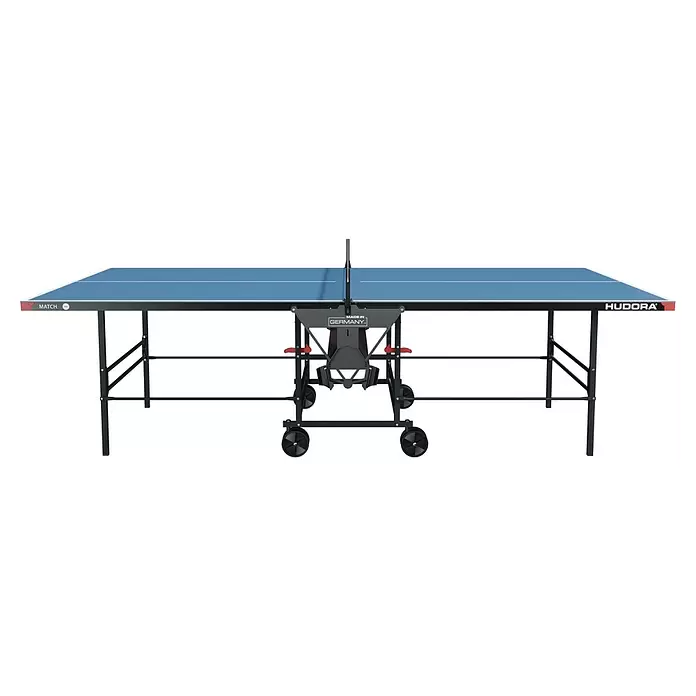 Hudora Tischtennisplatte Match - Blau - Blauer Tischtennistisch mit schwarzem Gestell, Netz und Rollen, für einfache Mobilität und Spiel.