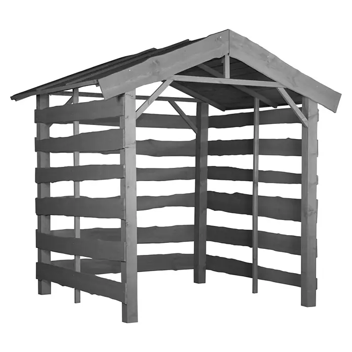 Kaminholzregal Nevada II - 180 x 90 x 220 cm, Holz, Grau - Ein grauer Holzunterstand mit einem geneigten Dach. Ideal für die Lagerung von Brennholz oder Gartengeräten im Außenbereich.