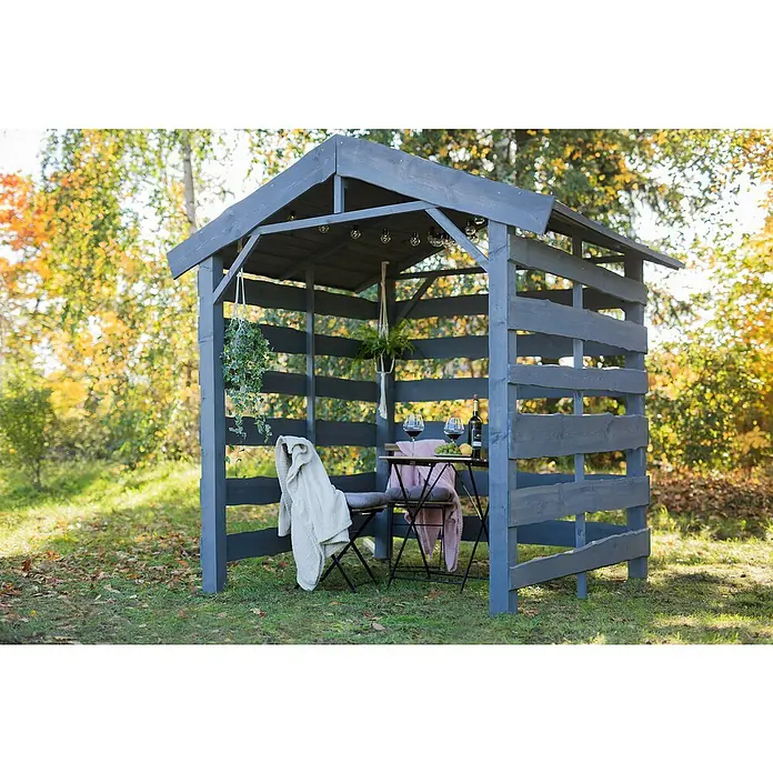 Kaminholzregal Nevada II - 180 x 90 x 220 cm, Holz, Grau - Gemütlicher grauer Pavillon mit Holzbalken, ausgestattet mit Tisch, Stühlen, Wein und Dekoration für entspannte Stunden im Freien.