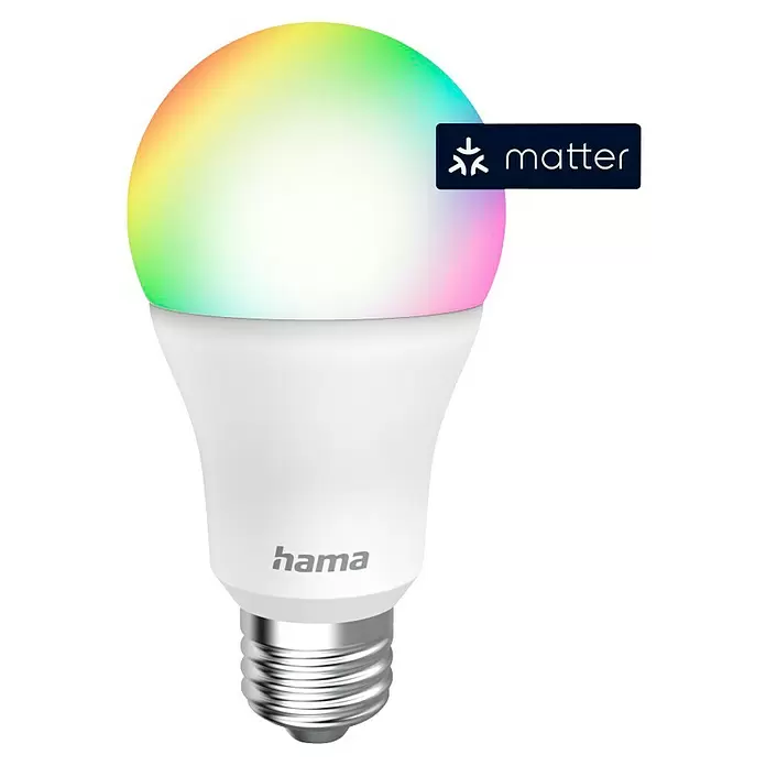 Hama Wifi Smart-LED-Lampe Matter - E14, Dimmbar, RGBW, 420 lm, 5 W - Hama Smart-Glühbirne mit weißem Sockel, leuchtendem, mehrfarbigem Oberteil und 'matter'-Logo.