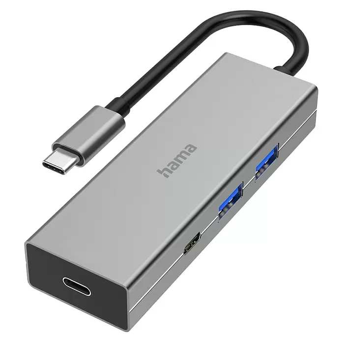 Hama USB-Hub USB-C mit 4 Ports 5 Gbit/s - USB A-Stecker, USB C-Stecker - Silberner USB-C-Hub mit integriertem Kabel und mehreren USB-A- und USB-C-Anschlüssen.