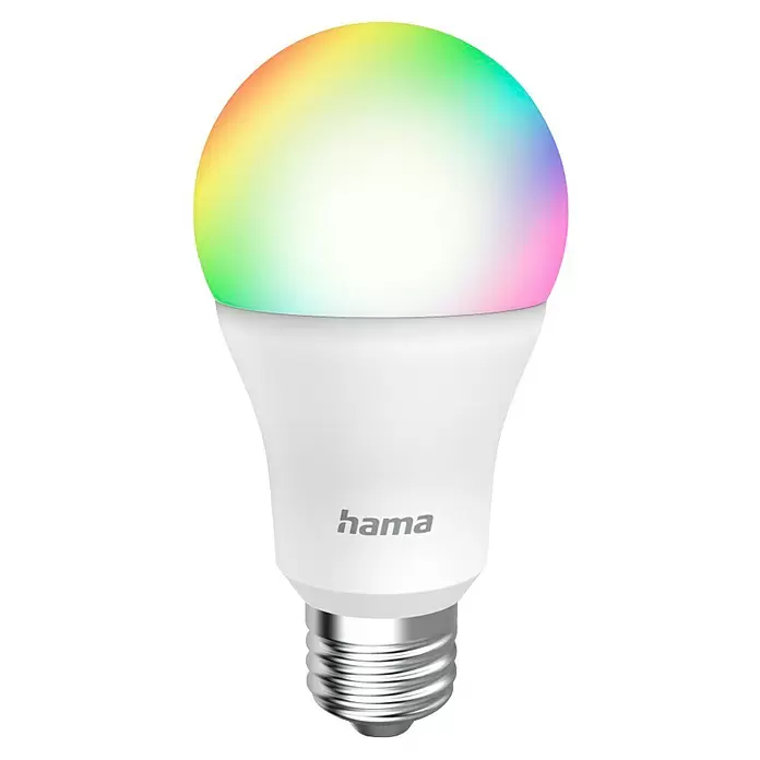 Hama Wifi Smart-LED-Lampe Matter - E27, Dimmbar, RGBW, 806 lm, 9 W - Smarte LED-Glühbirne mit weißem Sockel, einer bunten, regenbogenähnlichen leuchtenden Kuppel und einem Schraubsockel aus Metall.