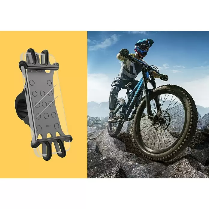 Hama Smartphone-Fahrradhalterung "Flexible" - Schwarz, 360 ° drehbar, Passend für: Geräte mit Breite 6-8 cm und Höhe 13-16 cm - Schwarz-transparente Fahrrad-Handyhalterung neben einem Mountainbiker im Felsgelände.