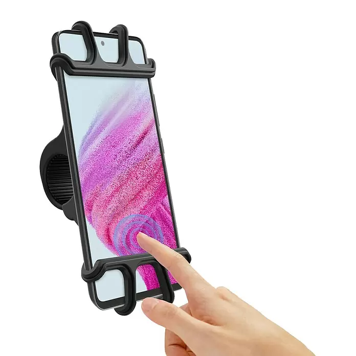 Hama Smartphone-Fahrradhalterung "Flexible" - Schwarz, 360 ° drehbar, Passend für: Geräte mit Breite 6-8 cm und Höhe 13-16 cm - Schwarzer flexibler Smartphone-Halter, der ein Telefon hält, mit einer Hand, die den Bildschirm berührt.