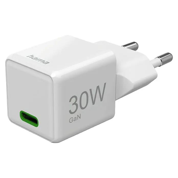 Hama USB-Adapter Schnellladegerät - 30 W, Weiß, USB C-Stecker - Nahaufnahme eines weißen Hama 30W GaN-Netzadapters mit USB-C Anschluss und Eurostecker, ideal zum schnellen Aufladen von Geräten.