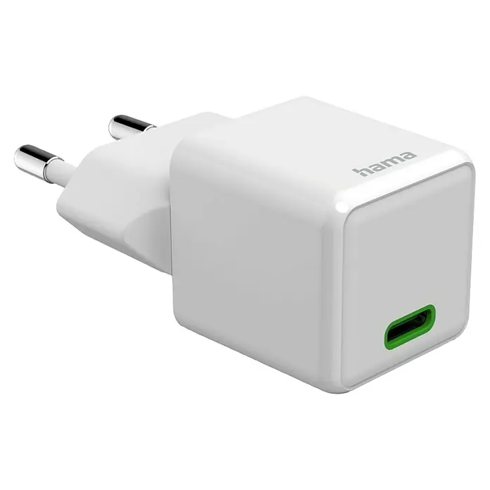 Hama USB-Adapter Schnellladegerät - 30 W, Weiß, USB C-Stecker - Nahaufnahme eines weißen Hama-Netzteils mit Eurostecker und USB-C-Anschluss, ideal zum schnellen Aufladen von Geräten.