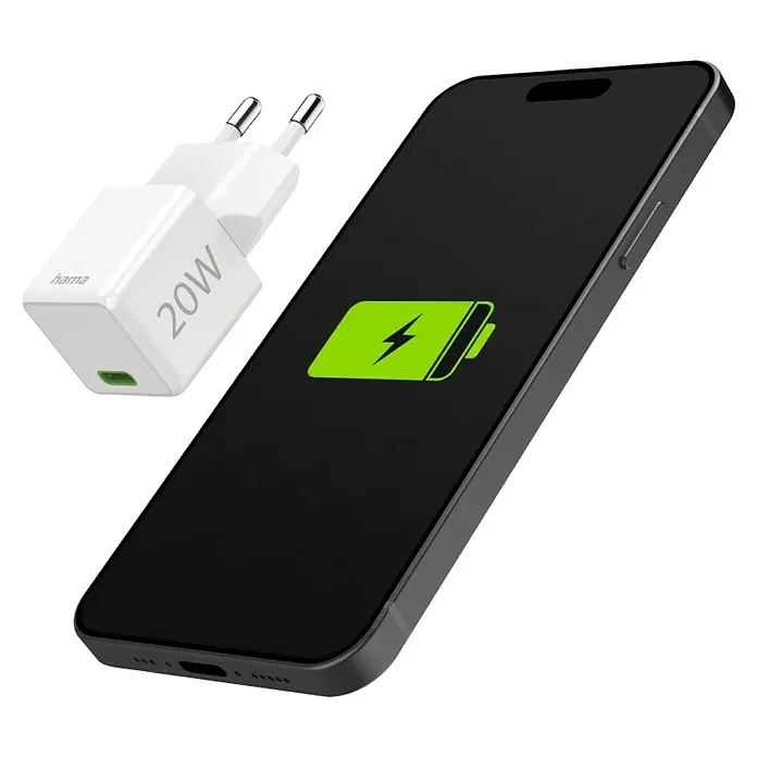 Hama USB-Adapter Schnellladegerät - 20 W, Weiß, USB C-Stecker - Ein 20W Hama Ladegerät neben einem Smartphone, das den Ladevorgang anzeigt. Kompakte und schnelle Energieversorgung für unterwegs.