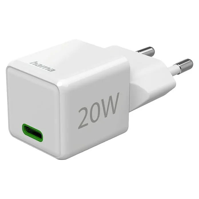 Hama USB-Adapter Schnellladegerät - 20 W, Weiß, USB C-Stecker - Nahaufnahme eines weißen Hama 20W USB-C-Netzladegeräts mit Eurostecker und grünem USB-C-Anschluss.
