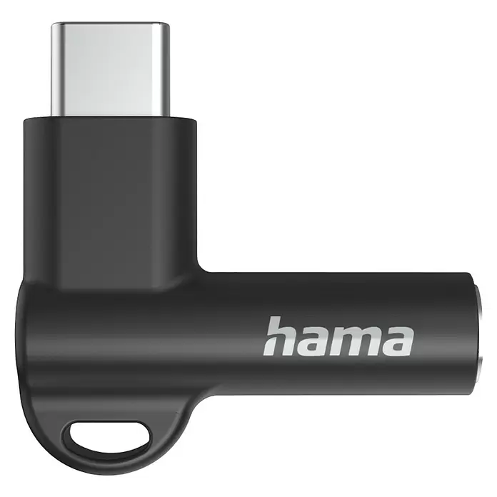 Hama Audio-Adapter USB-C 90° Winkelstecker - Klinkenbuchse 3,5 mm - Schwarzer L-förmiger USB-C-Adapter mit Metallstecker und 'hama'-Branding, mit integrierter Befestigungsöse.