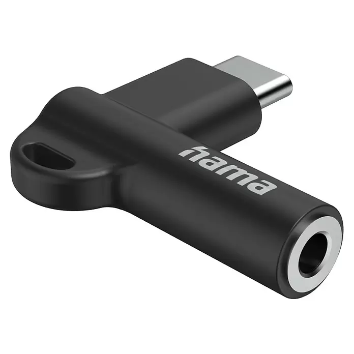 Hama Audio-Adapter USB-C 90° Winkelstecker - Klinkenbuchse 3,5 mm - Schwarzer Hama USB-C auf 3,5mm Audio-Adapter mit Schlaufe für Schlüsselanhänger.