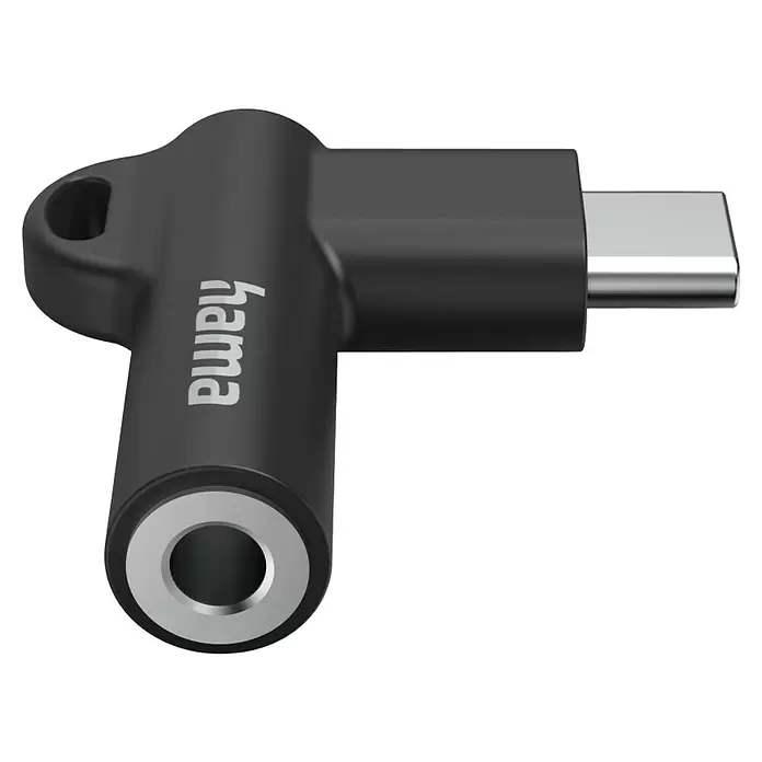 Hama Audio-Adapter USB-C 90° Winkelstecker - Klinkenbuchse 3,5 mm - Schwarzer Hama USB-C auf 3,5-mm-Audioadapter mit silbernen Anschlüssen und einer Schlaufe für Schlüsselanhänger.