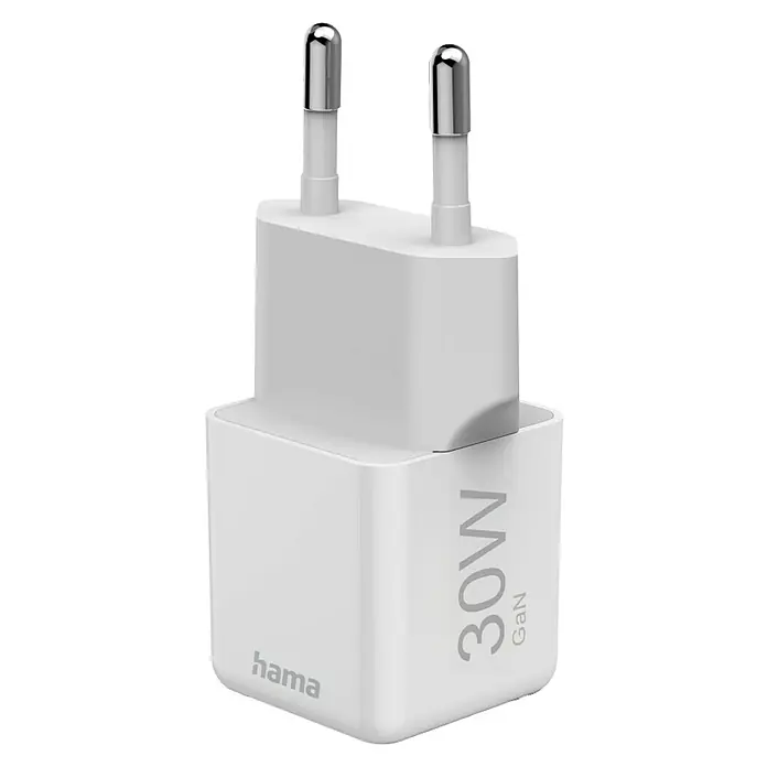 Hama USB-Adapter Schnellladegerät - 30 W, Weiß, USB C-Stecker - Ein weißer Hama 30W GaN-Ladestecker mit Eurostecker für schnelles und effizientes Aufladen verschiedener Geräte.