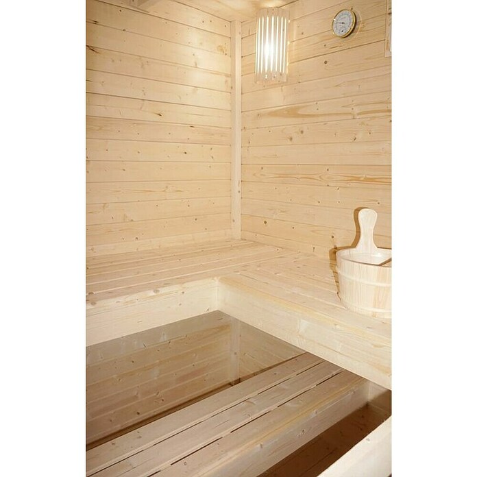 Sanotechnik Savna hiša Rauma  (Do x Š x V: 4.600 x 2.300 x 2.195 mm) | 4146 - Element-Saunen | DCGA - Fertigsauna | DCG - Sauna Wellness | DC - Sanitärinstallation | D - Sanitär | BAUHAUS