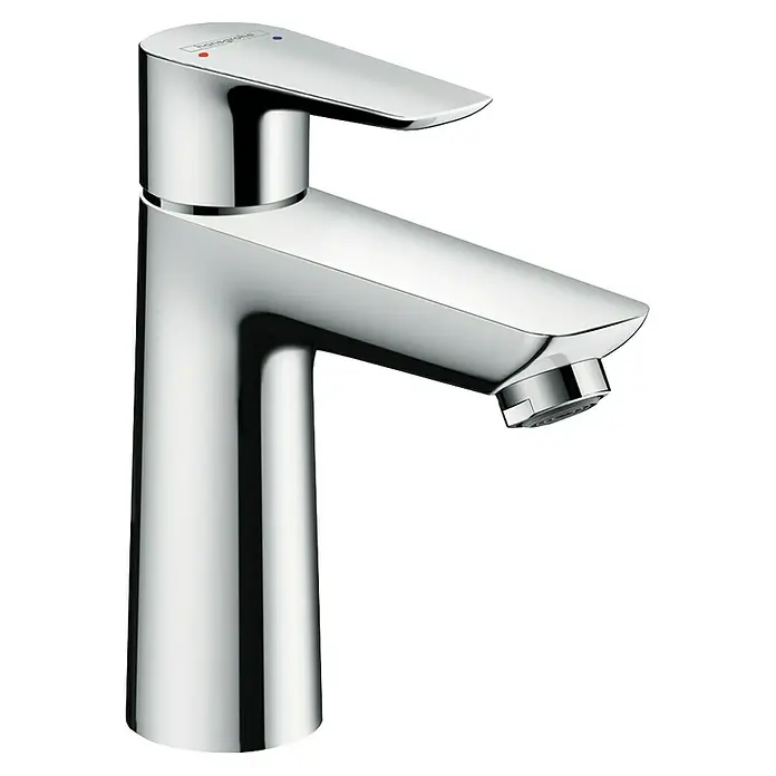 Hansgrohe Talis E Waschtischarmatur 110 - Chrom, Glänzend - Nahaufnahme einer modernen, verchromten Hansgrohe Waschtischarmatur. Elegantes Design für jedes Badezimmer mit Wasserhahn.
