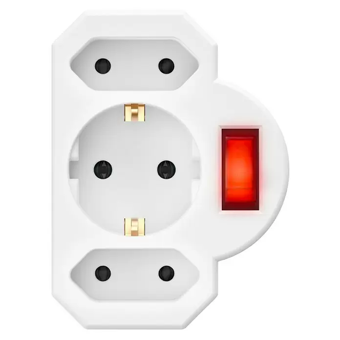 Hama Euro-Adapter 1 x Schutzkontakt, 2 x Euro mit Schalter - Weiß, 16 A - Weißer Steckdosenadapter mit Schuko-Steckdose, zwei Eurosteckdosen und beleuchtetem rotem Schalter.
