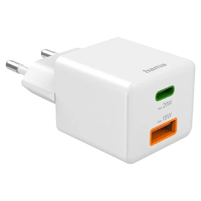 Hama USB-Adapter Schnellladegerät USB-C+A - Weiß, 20 W - Weißes Dual-Port-Wandladegerät mit grünem 20W USB-C- und orangem 18W USB-A-Anschluss.