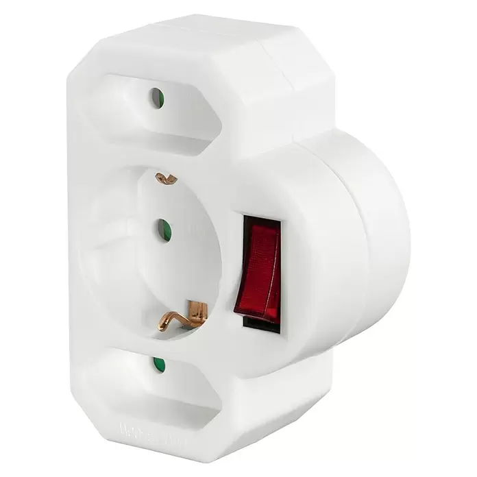 Hama Euro-Adapter 1 x Schutzkontakt, 2 x Euro mit Schalter - Weiß, 16 A - Weißer 3-fach Stromadapter aus Kunststoff mit drei Schuko-Steckdosen und rotem Ein-/Ausschalter.