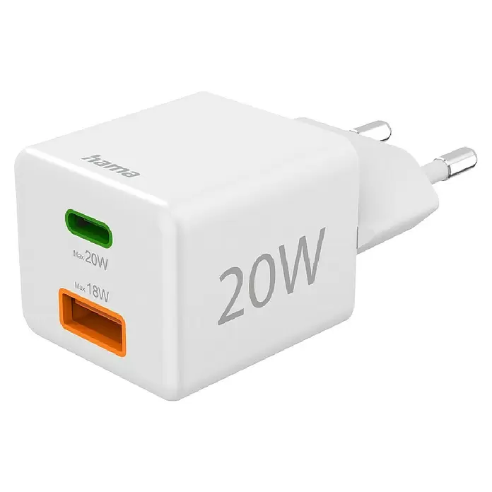 Hama USB-Adapter Schnellladegerät USB-C+A - Weiß, 20 W - Weißes Hama 20W Wandladegerät mit grünem USB-C (20W) und orangefarbenem USB-A (18W) Anschluss, Eurostecker.