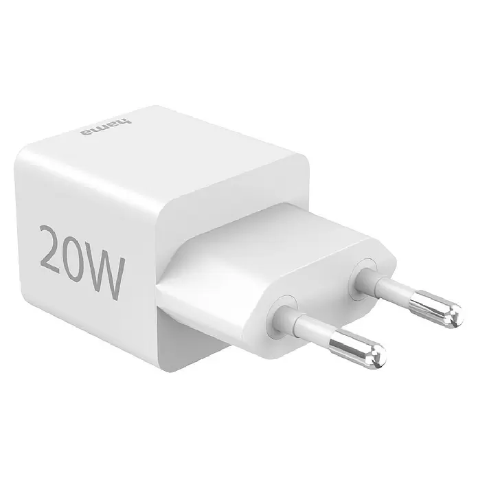 Hama USB-Adapter Schnellladegerät USB-C+A - Weiß, 20 W - Weißes Hama 20W Netzteil mit zweipoligem Eurostecker.