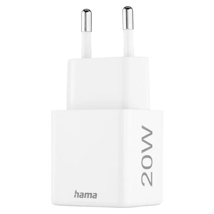 Hama USB-Adapter Schnellladegerät USB-C+A - Weiß, 20 W - Weißes Hama 20W Wandladegerät mit zwei silbernen Stiften.