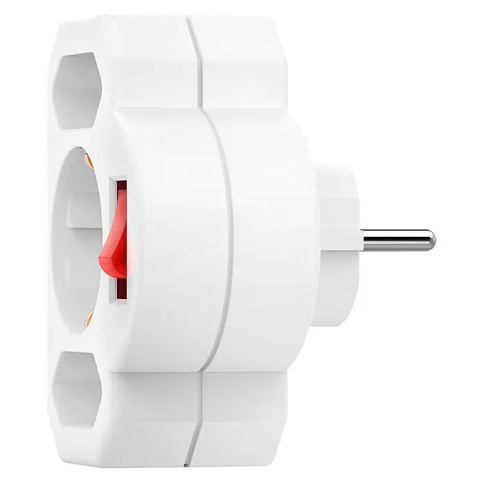 Hama Euro-Adapter 1 x Schutzkontakt, 2 x Euro mit Schalter - Weiß, 16 A - Weißer Mehrfachstecker mit rotem Ein-/Ausschalter und zwei Steckdosen, seitlich gesehen.