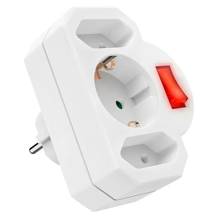 Hama Euro-Adapter 1 x Schutzkontakt, 2 x Euro mit Schalter - Weiß, 16 A - Weißer 3-fach Steckdosenadapter mit drei Anschlüssen und rotem beleuchteten Schalter.