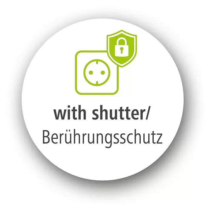 Hama Euro-Adapter 1 x Schutzkontakt, 2 x Euro mit Schalter - Weiß, 16 A - Grünes Symbol einer Steckdose mit integriertem Kinderschutz (Shutter), dargestellt durch Schild und Vorhängeschloss.