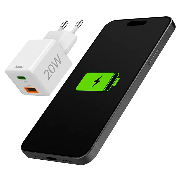 Hama USB-Adapter Schnellladegerät USB-C+A - Weiß, 20 W - Weißes Hama 20W Ladegerät mit grünen und orangefarbenen Anschlüssen neben einem schwarzen Smartphone mit grünem Ladesymbol.