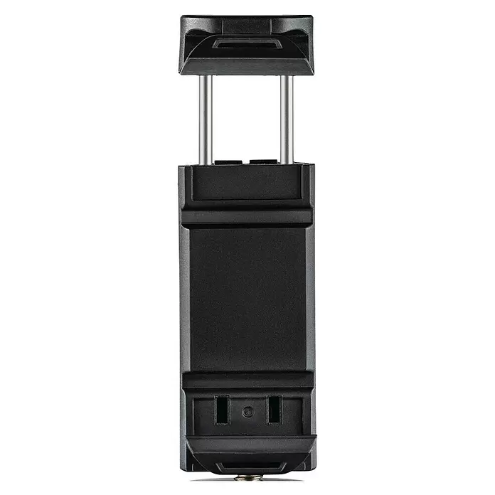 Hama Smartphone-Halter Mini-Stativ "Pocket II Rotation" 15 cm - Schwarz, Rot - Verstellbarer schwarzer Smartphone-Halter mit silbernen Metallstangen und Bodenschraube.