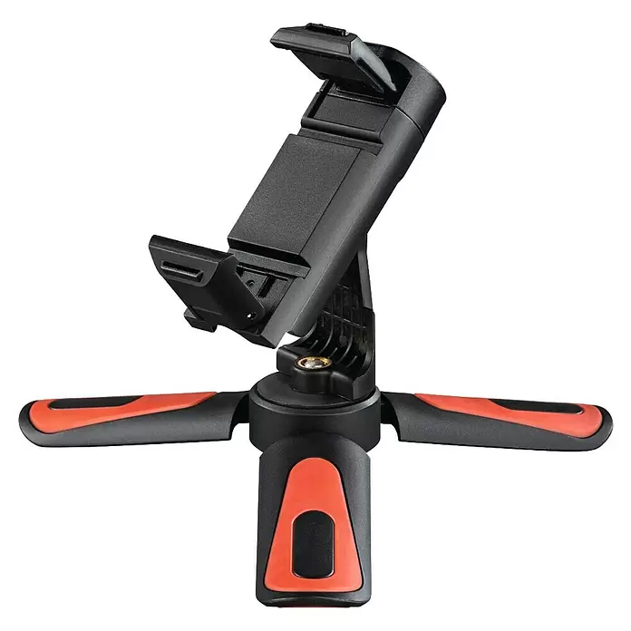 Hama Smartphone-Halter Mini-Stativ "Pocket II Rotation" 15 cm - Schwarz, Rot - Schwarz-oranges Ministativ mit verstellbarer Smartphone-Halterung.