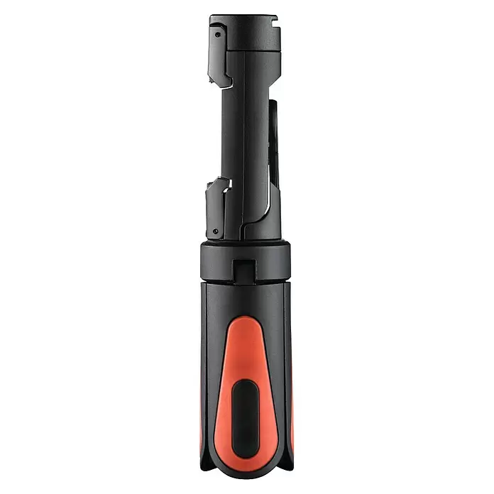 Hama Smartphone-Halter Mini-Stativ "Pocket II Rotation" 15 cm - Schwarz, Rot - Kompaktes schwarzes und oranges Handwerkzeug, wahrscheinlich ein Klappschraubendreher, mit ergonomischem orangefarbenem Griff.