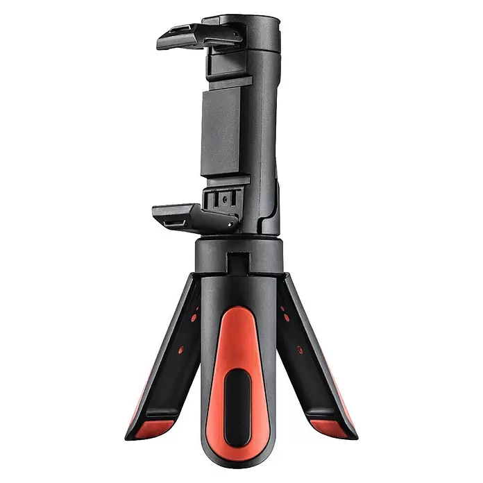 Hama Smartphone-Halter Mini-Stativ "Pocket II Rotation" 15 cm - Schwarz, Rot - Schwarzes und oranges Ministativ mit verstellbarer Smartphone-Halterung.