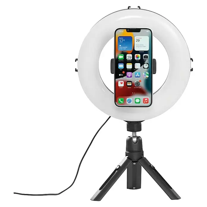 Hama Smartphone-Halter LED-Ringleuchte "SpotLight Smart 80 II" - Schwarz - Weißes Ringlicht mit Smartphone-Halterung auf schwarzem Stativ, mit Kabel.