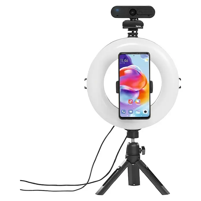 Hama Smartphone-Halter LED-Ringleuchte "SpotLight Smart 80 II" - Schwarz - Weißes Ringlicht mit Smartphone, schwarzer Webcam und schwarzem Stativ, für Videoaufnahmen oder Streaming.